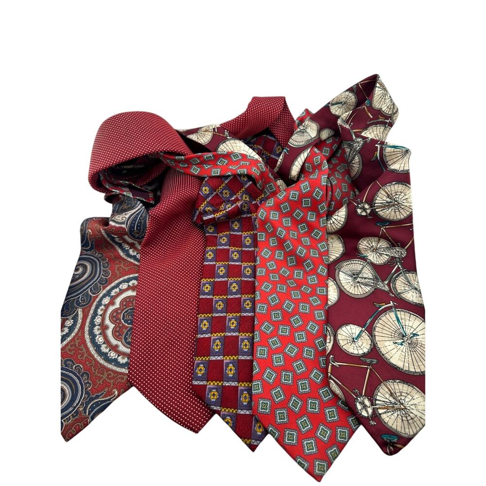 Lot of 5 Men’s Silk Ties | Red & Burgundy | Paisley, Geometric, Novelty Bicycle